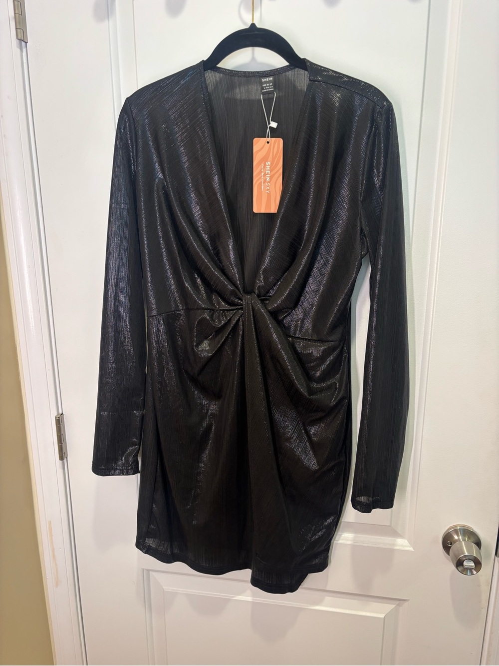 SHEIN Shimmery Black V-Neck Twist Detail Dress
